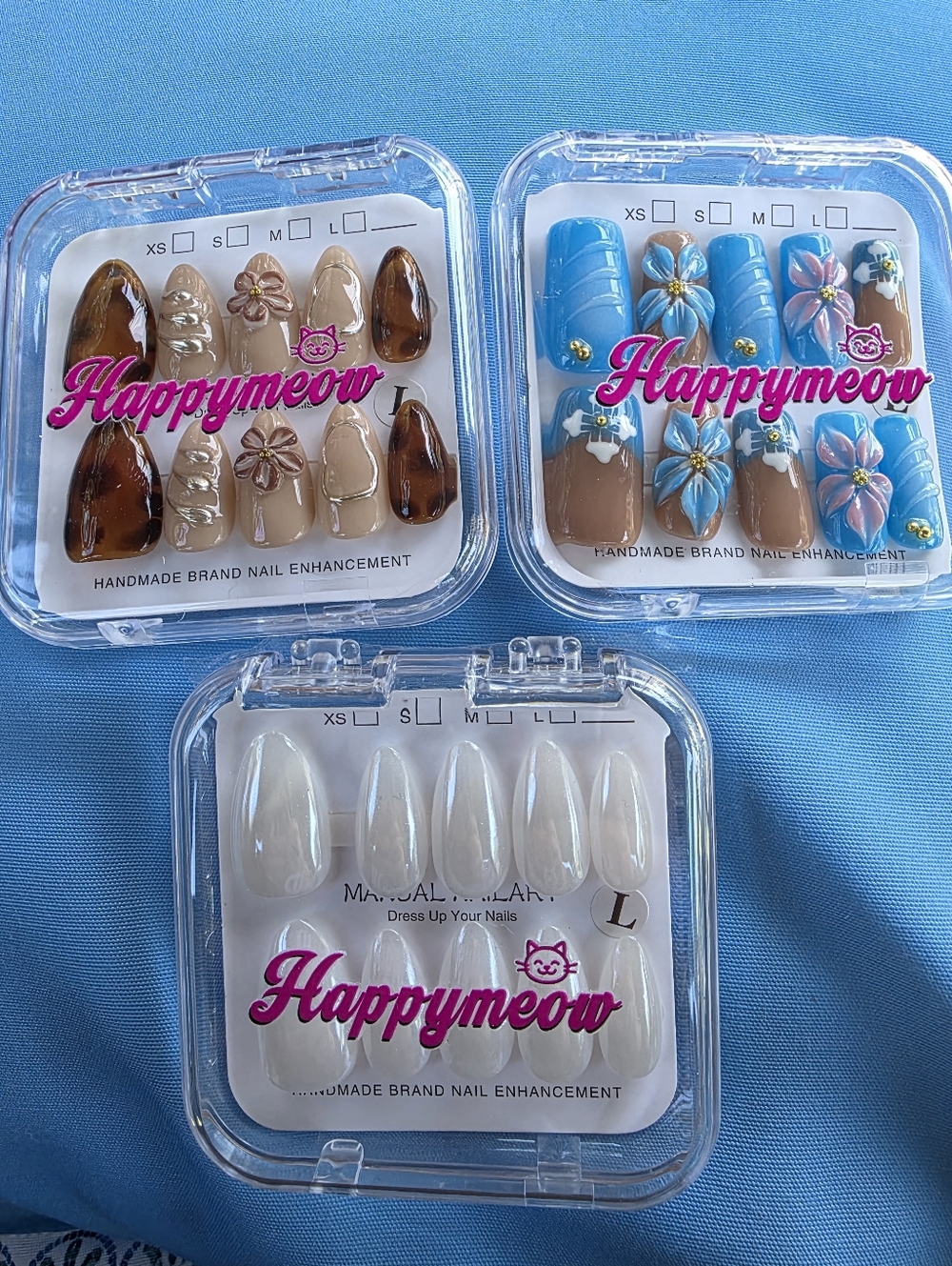 HAPPYMEOW Press-On Nail Sets - Blue, Brown & Pearl White